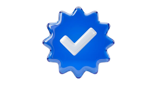3D isometric blue verified badge icon with a white check mark, glossy glass texture isolated on a transparent background, transparent png