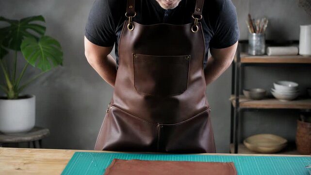 A dedicated craftsman stands still in a brown leather apron, his chest rising and falling rhythmically while preparing his workstation in a cozy, professional workshop studio.