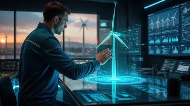 A dedicated technician monitoring renewable energy systems inside a high tech wind farm control center, overseeing sustainable power generation through advanced digital holographic interfaces.