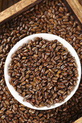 Fototapeta premium Traditional Chinese Cassia Seeds for Herbal Tea in White Bowl on Wooden Background