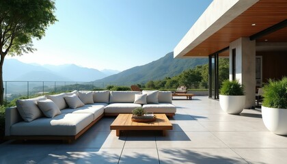 Fototapeta premium Modern sectional sofa with coffee table on large tiled terrace. Outdoor seating offers panoramic mountain views from luxury villa balcony. Sunny day, clear sky, green nature.