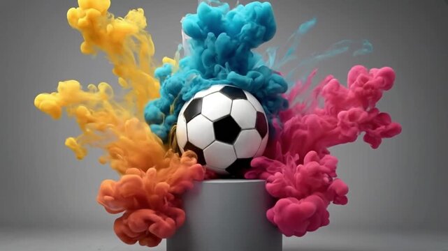 Dynamic soccer ball amidst a vibrant explosion of colorful smoke, capturing the energetic spirit, artistic flair, and intense passion of the beautiful game