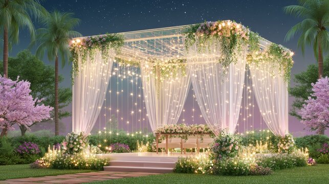 Outdoor wedding canopy with lights by pool