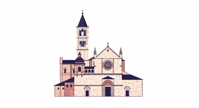 Stylized depiction of a large, stone church with a tall bell tower and rose window