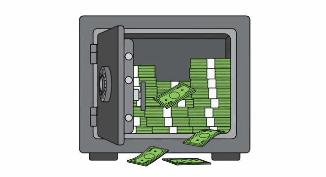 Open safe overflowing with stacks of cash, some loose bills scattered