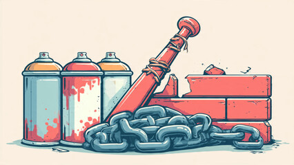 Graffiti spray paint cans and chain on brick wall with urban street art style © Gridz For