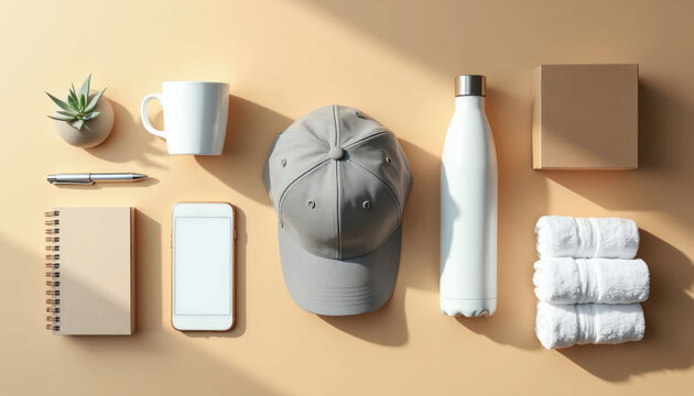 Flat lay of branded items like water bottle mug cap notebook phone pen plant. Includes towels cardboard box for corporate gift or product advertising.