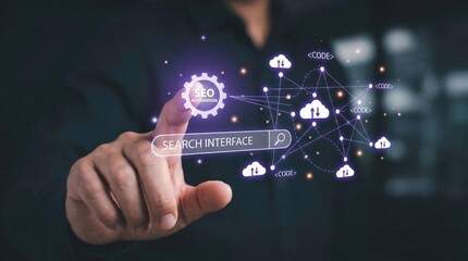 Fototapeta premium SEO Automation and Data Analytics Concept: Professional Interacting with Holographic Search Interface and Neural Networks