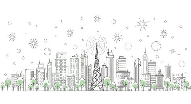 Hand drawn urban cityscape sketch with a central telecommunications tower.