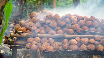 coconut halves smoke drying on bamboo rack to make copra in traditional flores island farm, indonesia, southeast asia © Spice Footage