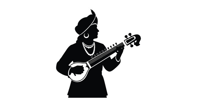 Musician playing sitar instrument black silhouette high quality