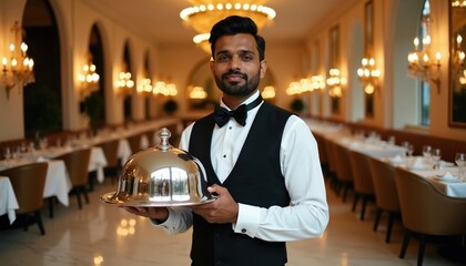 Indian waiter in formal uniform holds silver cloche tray in luxury restaurant. Man smiles in upscale dining room, ready to serve guests fine food. Elegant establishment for special events.