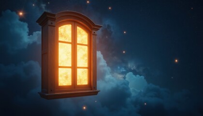 Obraz premium Wooden window glows brightly floating in starry night sky. Surreal clouds drift past this mystical portal inviting wonder and new perspective.