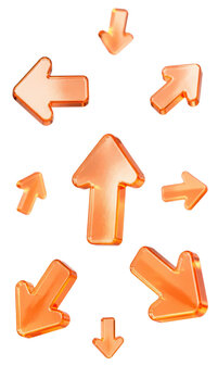 Floating tactile neon orange arrow icons featuring a translucent glass design arranged in a vertical composition. These vibrant 3D elements offer a modern aesthetic for digital user interfaces.