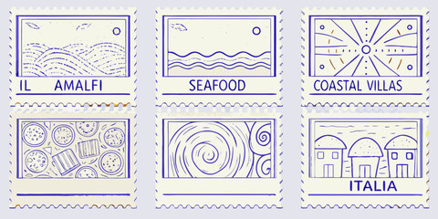 six vintage style stamps featuring italian themes and hand drawn illustrations on a lavender background © Mritun