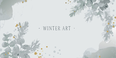 watercolor eucalyptus branches with gold accents on a light gray background © Mritun