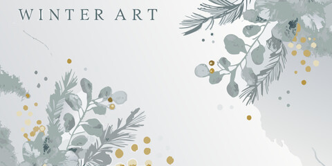 Watercolor eucalyptus branches and pine needles with gold splatters on a light gray background © Mritun