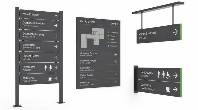 Modern modular 2D health facility wayfinding signage system, a wide angle studio shot of professional medical directional signage set for hospitals, clinics, and healthcare centers for easy navigation