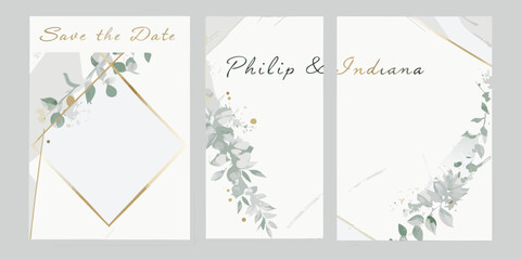 watercolor wedding invitation set with gold geometric frame and eucalyptus leaves © Mritun