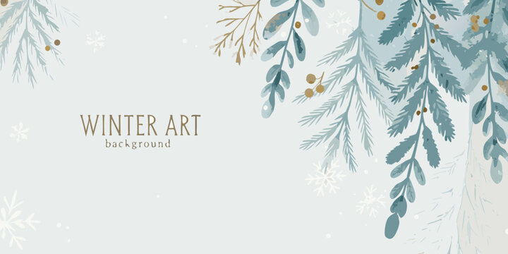 watercolor pine branches and leaves in cool teal and gray winter art background
