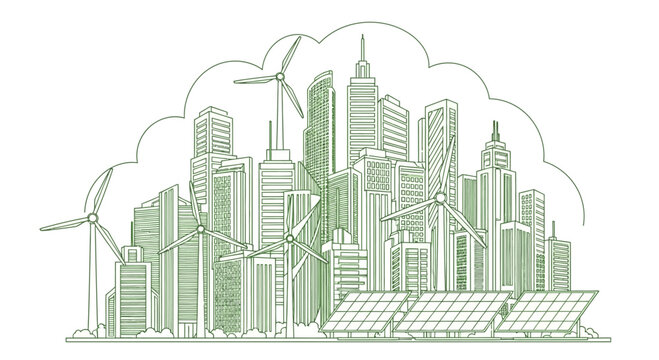 Green eco city concept with wind turbines and solar panels.
