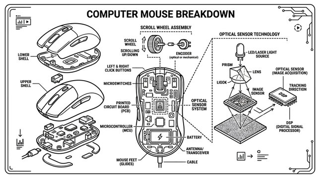 Technical breakdown diagram of a computer mouse components and optical sensor technology.