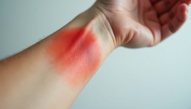 Human skin on wrist has red patch from possible burn or allergic reaction. Skin inflammation shown closeup with red irritation on light background. Medical skin issue visible.