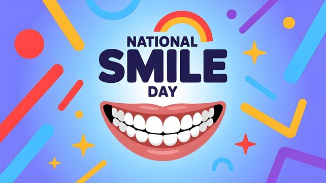 Bright and cheerful illustration of a wide smiling mouth with text national smile day surrounded by colorful shapes and a vibrant rainbow on a light blue background