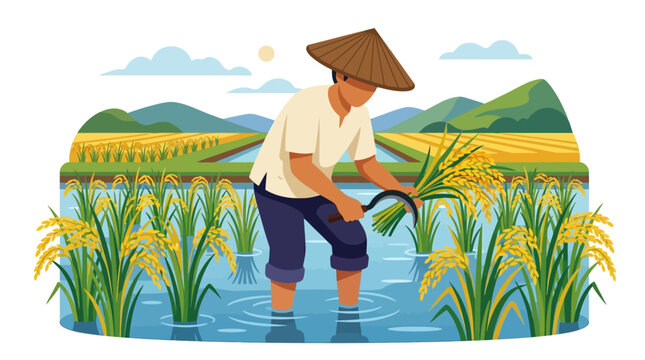 A farmer harvesting golden rice stalks in a flooded paddy field.