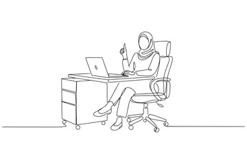 Fototapeta premium Woman wearing hijab sitting at desk with laptop holding pen line art woman working remote work young single line home office business illustration computer professional simplicity