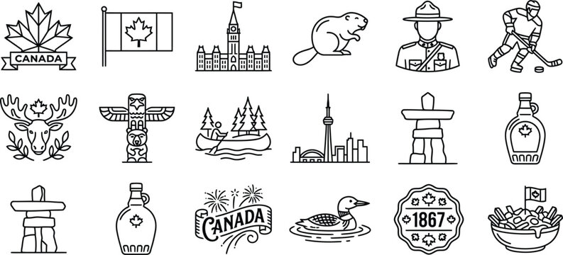 Silhouette of canadian icons isolated on transparent background