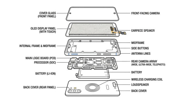 Exploded view diagram showing the internal components of a modern smartphone.