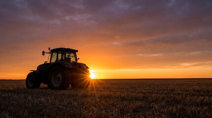 Fototapeta premium A farm tractor silhouetted by a vibrant sunset, casting a warm golden glow over an agricultural field, symbolizes the peaceful close of a productive day