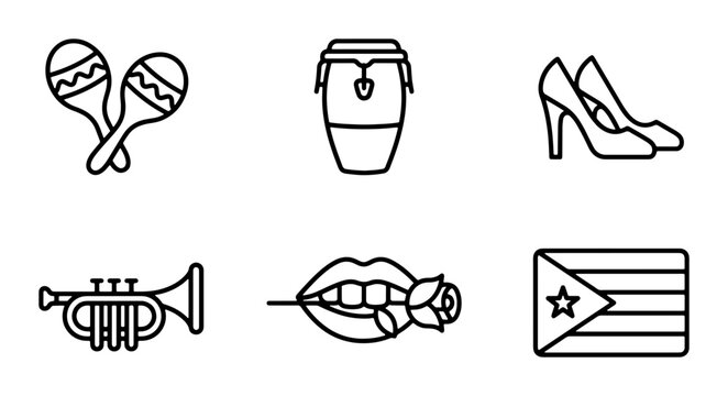 Latin Music Icons: Maracas, Conga Drum, Trumpet, High Heels, Rose Lips, Flag Vector Set