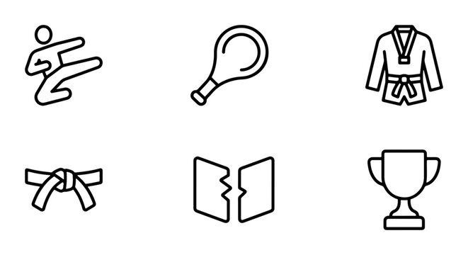 Martial Arts Icons Set: Karate, Judo, Taekwondo, Sports Achievement, Competition Symbols