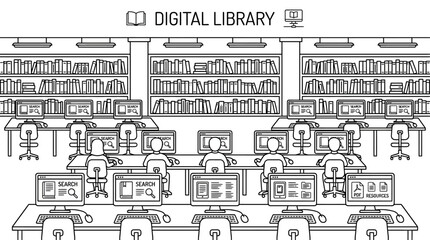 Obraz premium A line art illustration of students working at computers in a digital library setting.