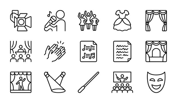 Performance Icons: Stage, Music, Spotlight, Audience, Mask, 15 Vector Elements