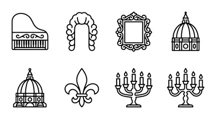 Royal Icons: Grand Piano, Wig, Frame, Domes, Fleur-de-lis, Candelabras Vector Set © Halim