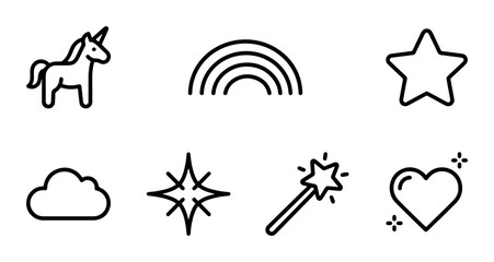 Magical Unicorn, Rainbow, Star Icons. Whimsical Fantasy Elements Set. Cute Cloud, Wand, Heart Graphics. © Halim
