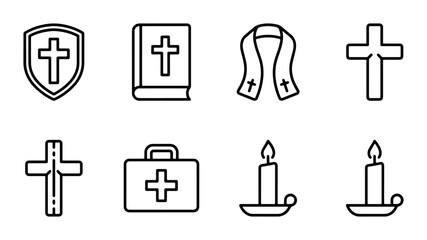 Fototapeta premium Christianity Icon Set: Cross, Bible, Shield, Stole, Medical Kit, Candles for Faith and Ministry
