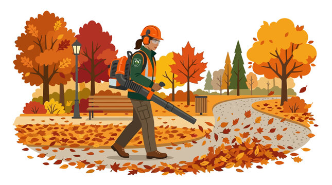 A professional worker using a leaf blower to clear autumn leaves from a park path.