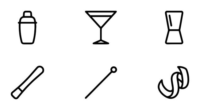 Bar Tools Icons: Cocktail Shaker, Martini Glass, Jigger, Muddler, Skewer, Zester, Minimalist Line Art