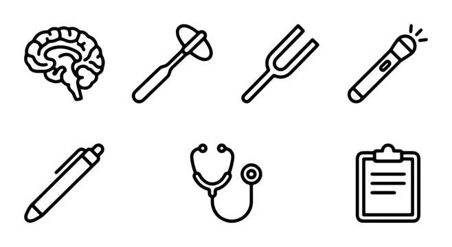 Medical Icons Set: Brain, Reflex Hammer, Tuning Fork, Penlight, Stethoscope, Clipboard