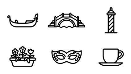 Venice Icons: Gondola, Bridge, Mask, Coffee, Flowers, Pillar - Vector Set © Abbas