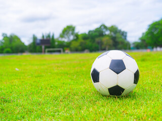 Fototapeta premium A football placed on the grass field of a football stadium. 2026 World Cup. Soccer sports, activity outdoors 