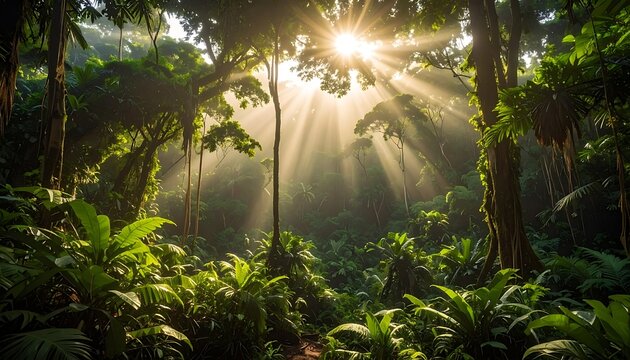 Tropical forest with sun rays shining through trees and green foliage.