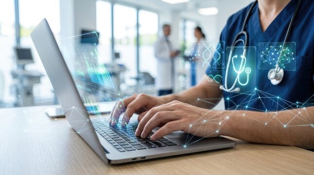 Doctor using a laptop with a digital stethoscope overlay in a clinic setting