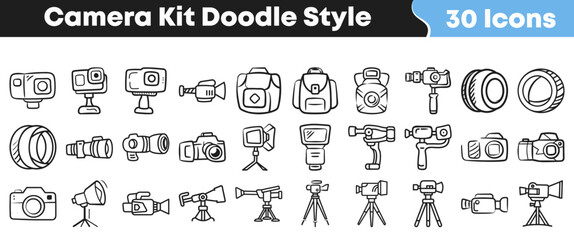 Plakat Collection of hand drawn camera equipment icons in doodle style
