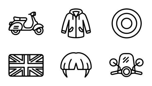 Mod Scooter, Parka Jacket, Target, Union Jack, Helmet, Motorcycle Icons: Retro British Style Vector Set