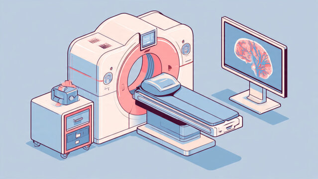 Modern MRI scanner with computer monitor in medical imaging diagnostic room